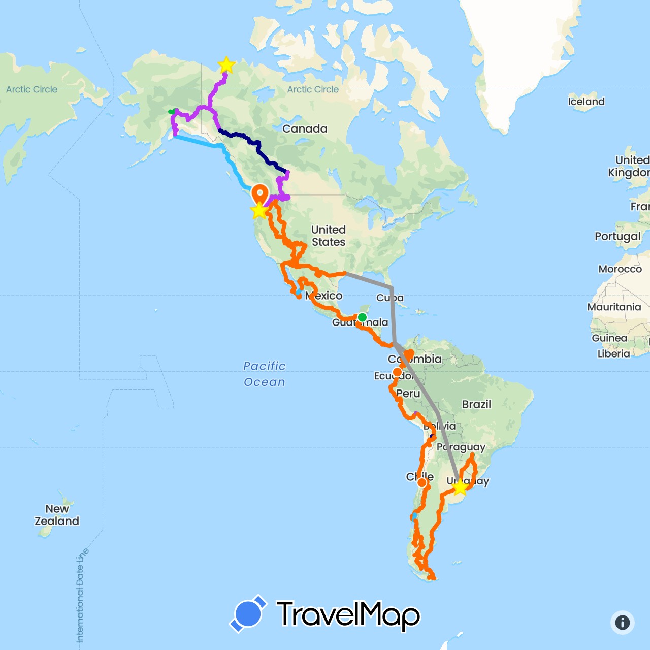 TravelMap itinerary: driving, bus, plane, train, boat, motorbike, stormcrow - 2003 bmw 1150gsa, tiggrr - 2016 triumph tiger xc, walking, tuk tuk in Argentina, Bolivia, Brazil, Canada, Chile, Colombia, Costa Rica, Ecuador, Guatemala, Mexico, Nicaragua, Panama, Peru, El Salvador, United States, Uruguay (North America, South America)